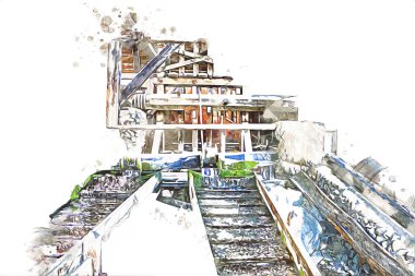 Steppe Mill Mill Wheel Kış Peyzajı Lueneburg Heath, Ortaçağ sanat illüstrasyonu antika eskiz