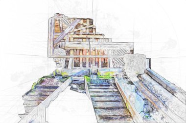 Steppe Mill Mill Wheel Kış Peyzajı Lueneburg Heath, Ortaçağ sanat illüstrasyonu antika eskiz