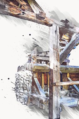 Steppe Mill Mill Wheel Kış Peyzajı Lueneburg Heath, Ortaçağ sanat illüstrasyonu antika eskiz