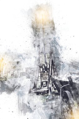 Tipik tarihi ahşap araba çayırda, ortaçağ tarihi sanat illüstrasyonları antika eskizler