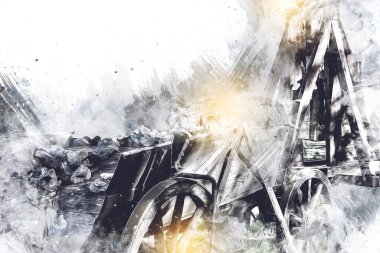 Tipik tarihi ahşap araba çayırda, ortaçağ tarihi sanat illüstrasyonları antika eskizler