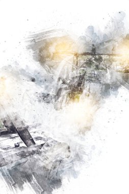 Tipik tarihi ahşap araba çayırda, ortaçağ tarihi sanat illüstrasyonları antika eskizler