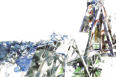 Tipik tarihi ahşap araba çayırda, ortaçağ tarihi sanat illüstrasyonları antika eskizler