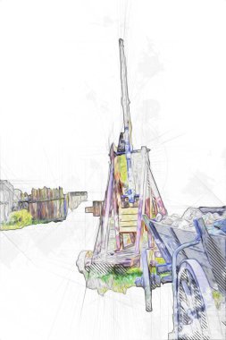 Tipik tarihi ahşap araba çayırda, ortaçağ tarihi sanat illüstrasyonları antika eskizler