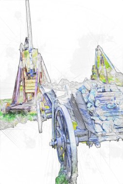 Tipik tarihi ahşap araba çayırda, ortaçağ tarihi sanat illüstrasyonları antika eskizler