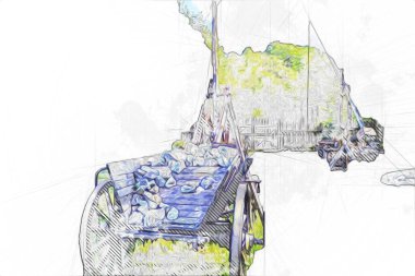 Tipik tarihi ahşap araba çayırda, ortaçağ tarihi sanat illüstrasyonları antika eskizler