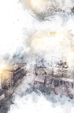 Klasik iç mekanlı klasik mobilyalar, ortaçağ tarihi sanat illüstrasyonu antika eskiz