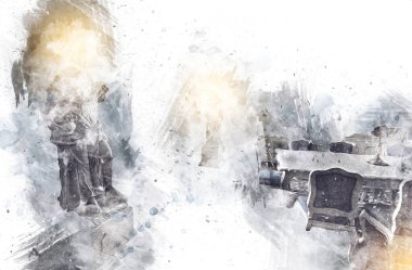 Klasik iç mekanlı klasik mobilyalar, ortaçağ tarihi sanat illüstrasyonu antika eskiz