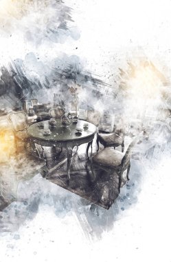 Klasik iç mekanlı klasik mobilyalar, ortaçağ tarihi sanat illüstrasyonu antika eskiz