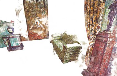 Klasik iç mekanlı klasik mobilyalar, ortaçağ tarihi sanat illüstrasyonu antika eskiz