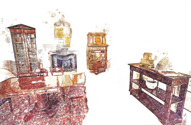 Klasik iç mekanlı klasik mobilyalar, ortaçağ tarihi sanat illüstrasyonu antika eskiz