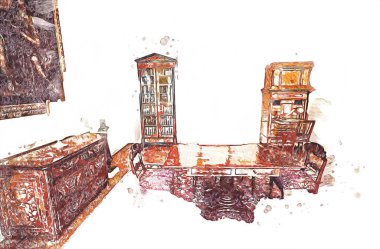 Klasik iç mekanlı klasik mobilyalar, ortaçağ tarihi sanat illüstrasyonu antika eskiz