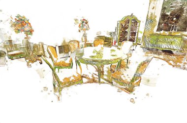 Klasik iç mekanlı klasik mobilyalar, ortaçağ tarihi sanat illüstrasyonu antika eskiz