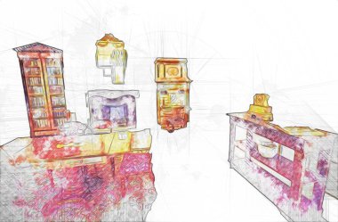 Klasik iç mekanlı klasik mobilyalar, ortaçağ tarihi sanat illüstrasyonu antika eskiz