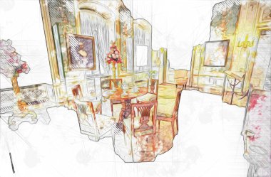 Klasik iç mekanlı klasik mobilyalar, ortaçağ tarihi sanat illüstrasyonu antika eskiz