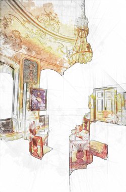 Klasik iç mekanlı klasik mobilyalar, ortaçağ tarihi sanat illüstrasyonu antika eskiz