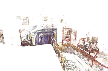 Lüks iç mekan, klasik yatak odası, iç mekan, eski, ortaçağ tarihi sanat illüstrasyonu antika eskiz.