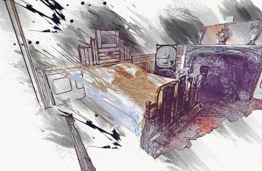 Lüks iç mekan, klasik yatak odası, iç mekan, eski, ortaçağ tarihi sanat illüstrasyonu antika eskiz.