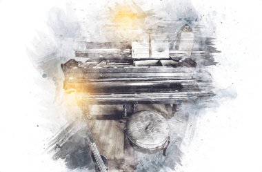 Beyaz klasik odada siyah kuyruklu piyano, iç mekan, eski, ortaçağ tarihi sanat illüstrasyonu antika eskiz