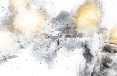 Beyaz klasik odada siyah kuyruklu piyano, iç mekan, eski, ortaçağ tarihi sanat illüstrasyonu antika eskiz