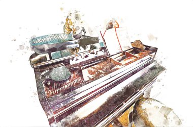 Beyaz klasik odada siyah kuyruklu piyano, iç mekan, eski, ortaçağ tarihi sanat illüstrasyonu antika eskiz