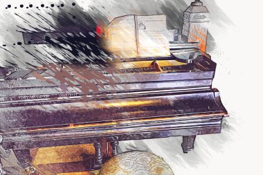 Beyaz klasik odada siyah kuyruklu piyano, iç mekan, eski, ortaçağ tarihi sanat illüstrasyonu antika eskiz