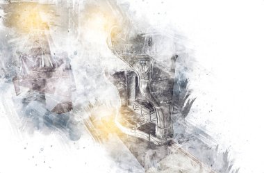 Şatafatlı iç tasarım oturma odası ve şömine güzel bir saray, iç mekan, eski, ortaçağ tarihi sanat illüstrasyonu antika eskiz.