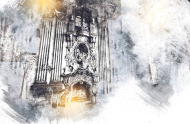 Şatafatlı iç tasarım oturma odası ve şömine güzel bir saray, iç mekan, eski, ortaçağ tarihi sanat illüstrasyonu antika eskiz.