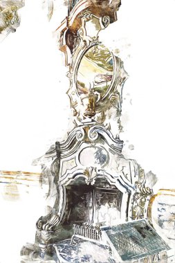 Şatafatlı iç tasarım oturma odası ve şömine güzel bir saray, iç mekan, eski, ortaçağ tarihi sanat illüstrasyonu antika eskiz.