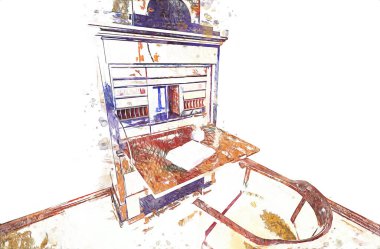 Ambiente stüdyosu, klasik büro masası, ortaçağ tarihi sanat illüstrasyonu antika eskiz.