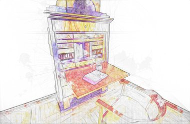 Ambiente stüdyosu, klasik büro masası, ortaçağ tarihi sanat illüstrasyonu antika eskiz.