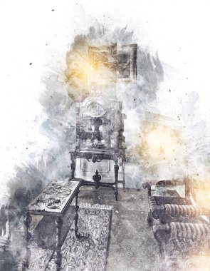 Kollu sandalyenin içi, ortaçağ tarihi sanat eserleri, antika eskizler.