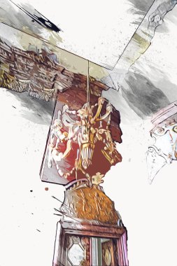 Eski dekoratif avize, ortaçağ tarihi sanat illüstrasyonu antika eskiz