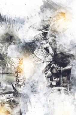 Hint ormanındaki kaktüs bitkisi, yabani kaktüs bitkisi Opuntia monacantha bitkisi, illüstrasyon, çizim, eskiz, antika, antika, antika