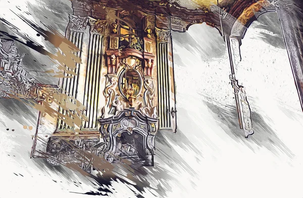美しい宮殿 インテリア 中世の古い歴史のアートイラストで豪華なインテリアデザインのリビングルームと暖炉レトロなヴィンテージアンティークスケッチ — ストック写真
