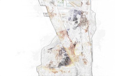 Bir grup dinlenen lemurlar katta, illüstrasyon, çizim, eskiz, antika, antika, antika.