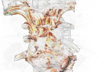 Kraliçe Sago Cycas Palmiye Ağacı 'nın yakın plan resmi, çizimi, eskizi, antika, retro, vintage.