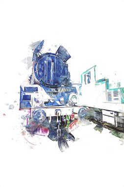 Buharlı lokomotif ayrıntıları krank ve tekerlekler, sanat, illüstrasyon, çizim, eskiz, antika, retro, vintage.