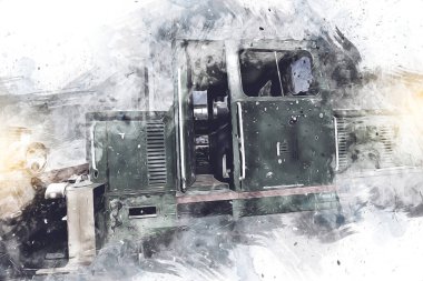 Eski dar ölçü demiryolu motoru, sanat, illüstrasyon, çizim, eskiz, antika, antika, antika.