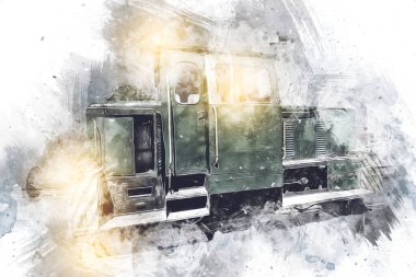 Eski dar ölçü demiryolu motoru, sanat, illüstrasyon, çizim, eskiz, antika, antika, antika.