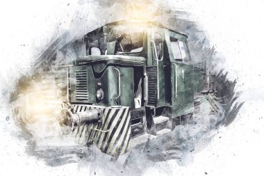 Eski dar ölçü demiryolu motoru, sanat, illüstrasyon, çizim, eskiz, antika, antika, antika.