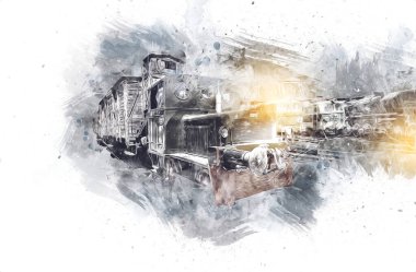 Eski dar ölçü demiryolu motoru, sanat, illüstrasyon, çizim, eskiz, antika, antika, antika.