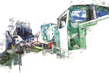 Eski dar ölçü demiryolu motoru, sanat, illüstrasyon, çizim, eskiz, antika, antika, antika.