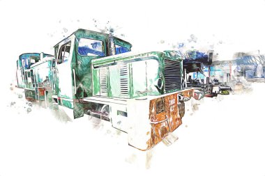 Eski dar ölçü demiryolu motoru, sanat, illüstrasyon, çizim, eskiz, antika, antika, antika.