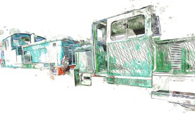 Eski dar ölçü demiryolu motoru, sanat, illüstrasyon, çizim, eskiz, antika, antika, antika.