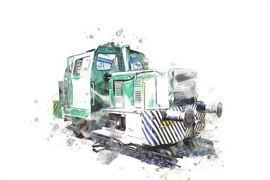 Eski dar ölçü demiryolu motoru, sanat, illüstrasyon, çizim, eskiz, antika, antika, antika.