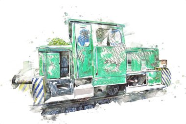 Eski dar ölçü demiryolu motoru, sanat, illüstrasyon, çizim, eskiz, antika, antika, antika.