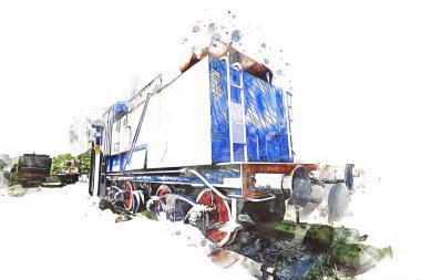 Eski dar ölçü demiryolu motoru, sanat, illüstrasyon, çizim, eskiz, antika, antika, antika.