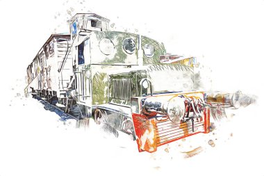 Eski dar ölçü demiryolu motoru, sanat, illüstrasyon, çizim, eskiz, antika, antika, antika.