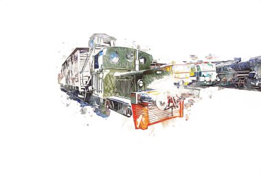 Eski dar ölçü demiryolu motoru, sanat, illüstrasyon, çizim, eskiz, antika, antika, antika.